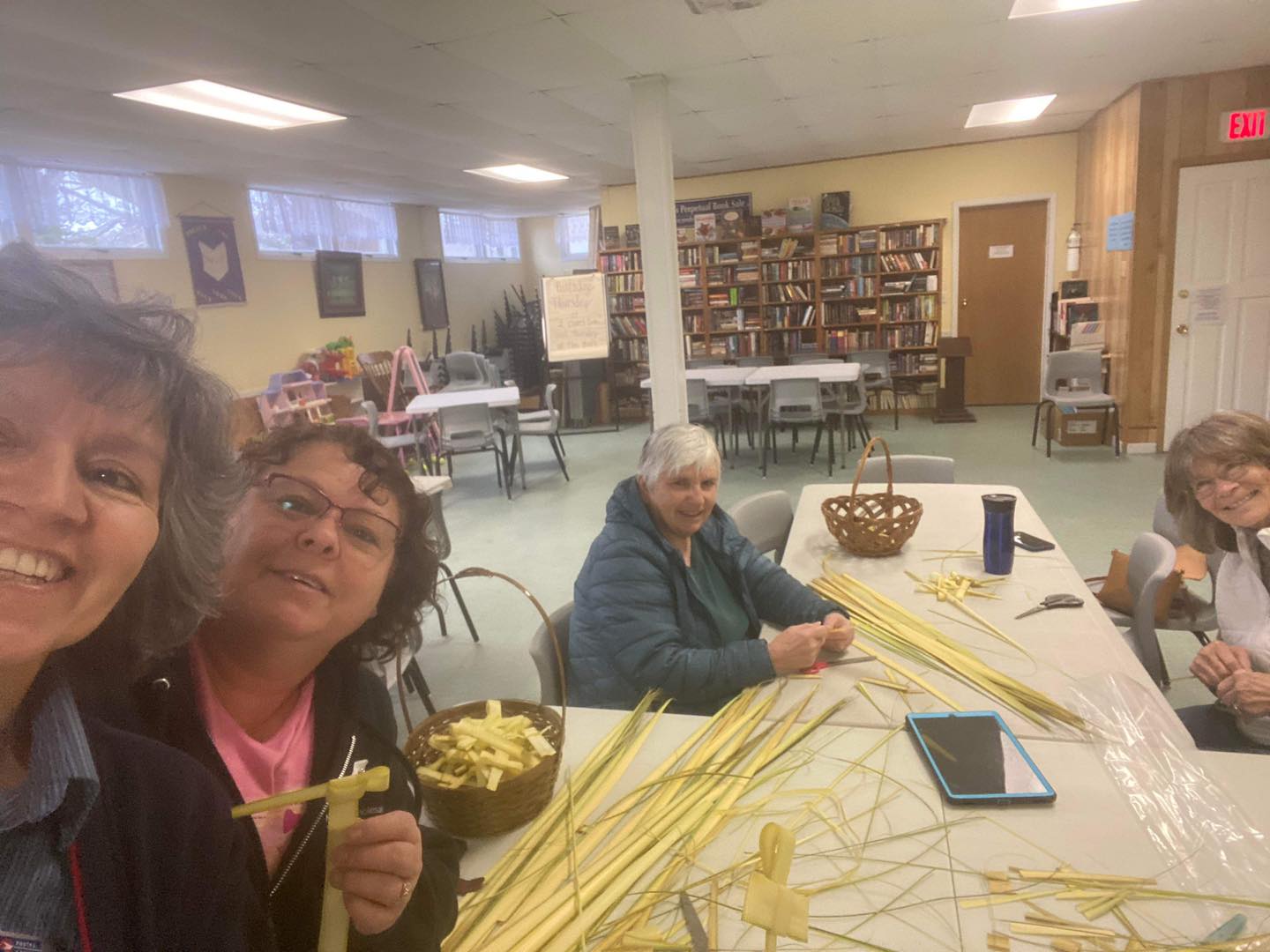 On Saturday, April 1st, members of St. Luke's Parish prepared for Palm Sunday by making Palm crosses. Pictured is Susan, Lyda, Joanne and Stephanie.
